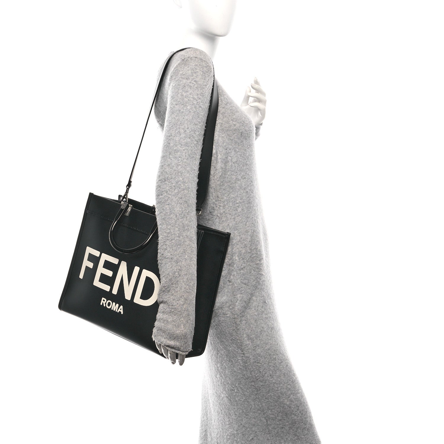 Fendi Vitello King Plexiglass Logo Embossed Medium Fendi Sunshine Shopper Tote Black White 3 of 9
