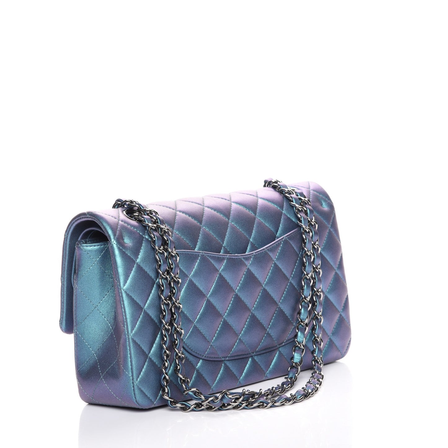 Metallic Lambskin Quilted Medium Double Flap Turquoise