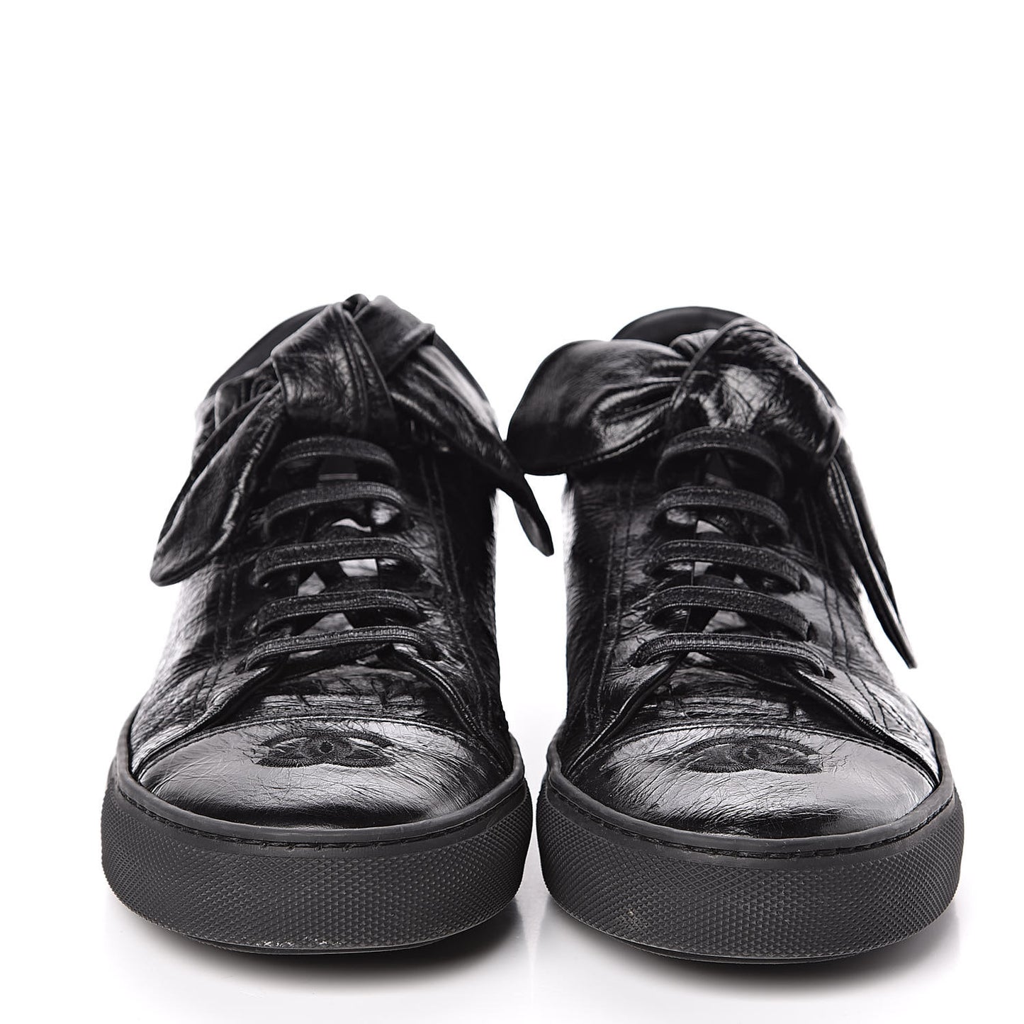 Crumpled Calfskin Womens CC Bow Sneakers 37 Black