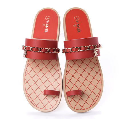 Chanel Calfskin Chain CC Sandals 40 Red 6 of 14