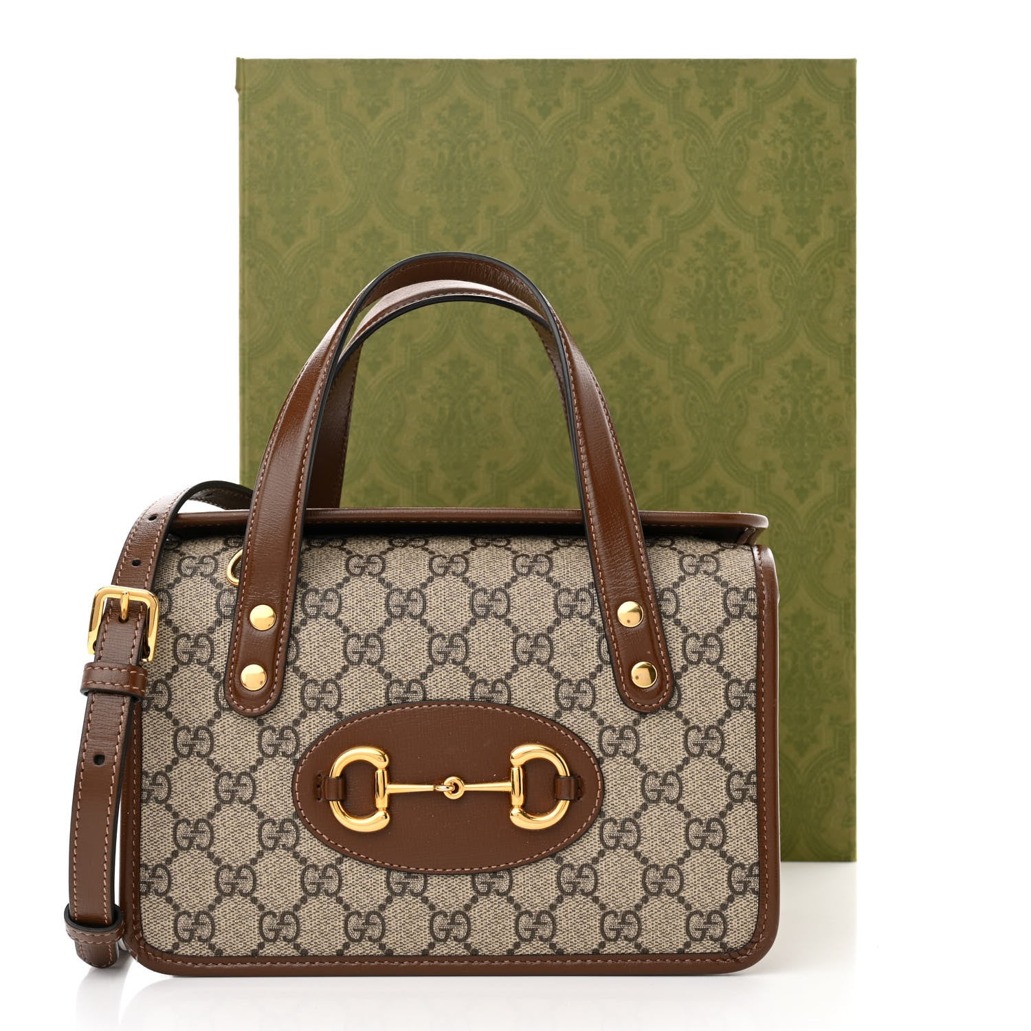 Gucci GG Supreme Monogram Azalea Calfskin Mini Horsebit 1955 Foldover Top Handle Bag Beige Ebony Brown Sugar 11 of 11