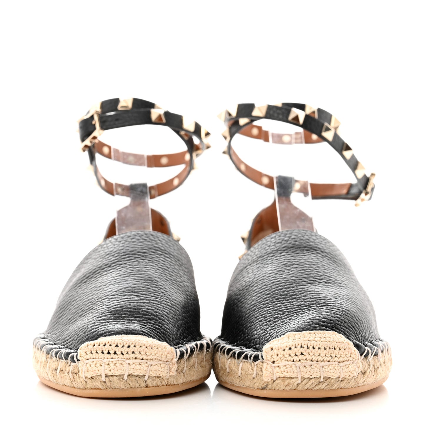 Grained Calfskin Rockstud Ankle Wrap Espadrille 20mm Flats 41 Black Light Cuir Natural