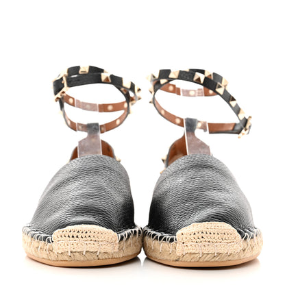 Valentino Garavani Grained Calfskin Rockstud Ankle Wrap Espadrille 20mm Flats 41 Black Light Cuir Natural 2 of 9