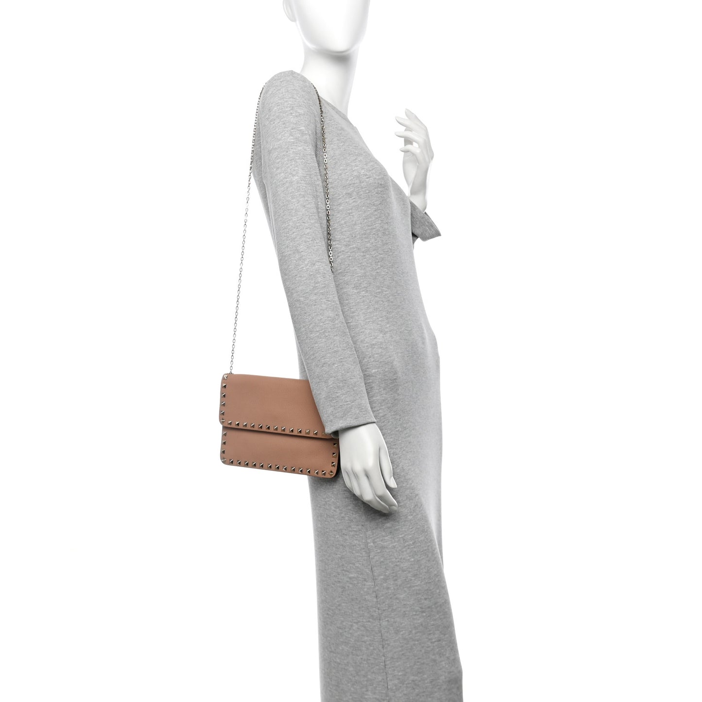 Grainy Calfskin Rockstud Chain Pouch Rose Cannelle