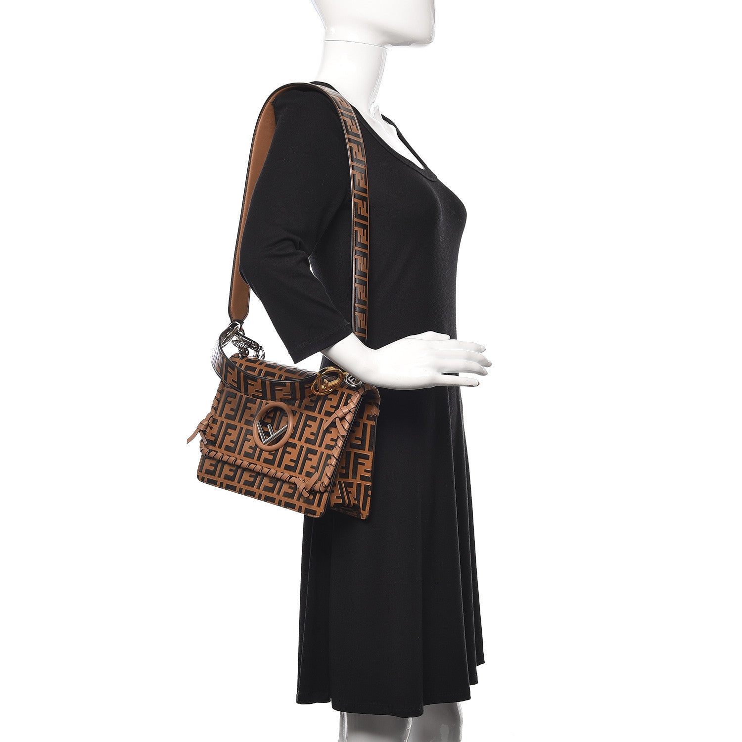Fendi Vitello Century F is Fendi Whipstitch Threads FF Embossed Kan I Shoulder Bag Tobacco Orzo 2 of 10