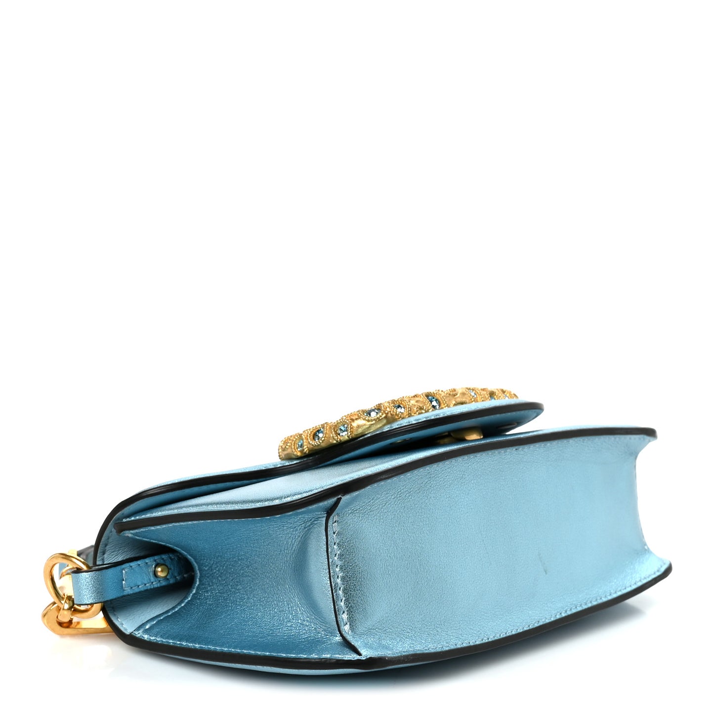 Laminated Calfskin Crystal Vlogo Small Shoulder Bag Blue