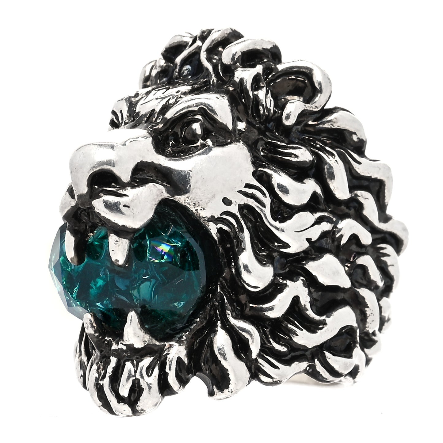 Metal Crystal Lion Head Ring 16 Emerald Aged Silver