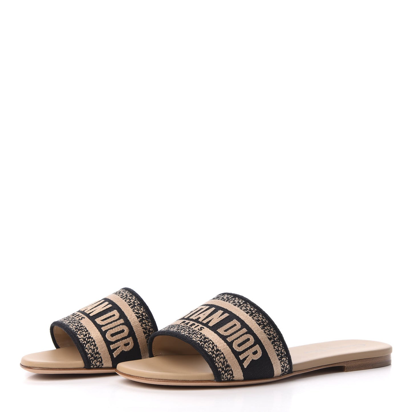 Canvas Embroidered Dway Flat Slide Sandals 36 Black Beige