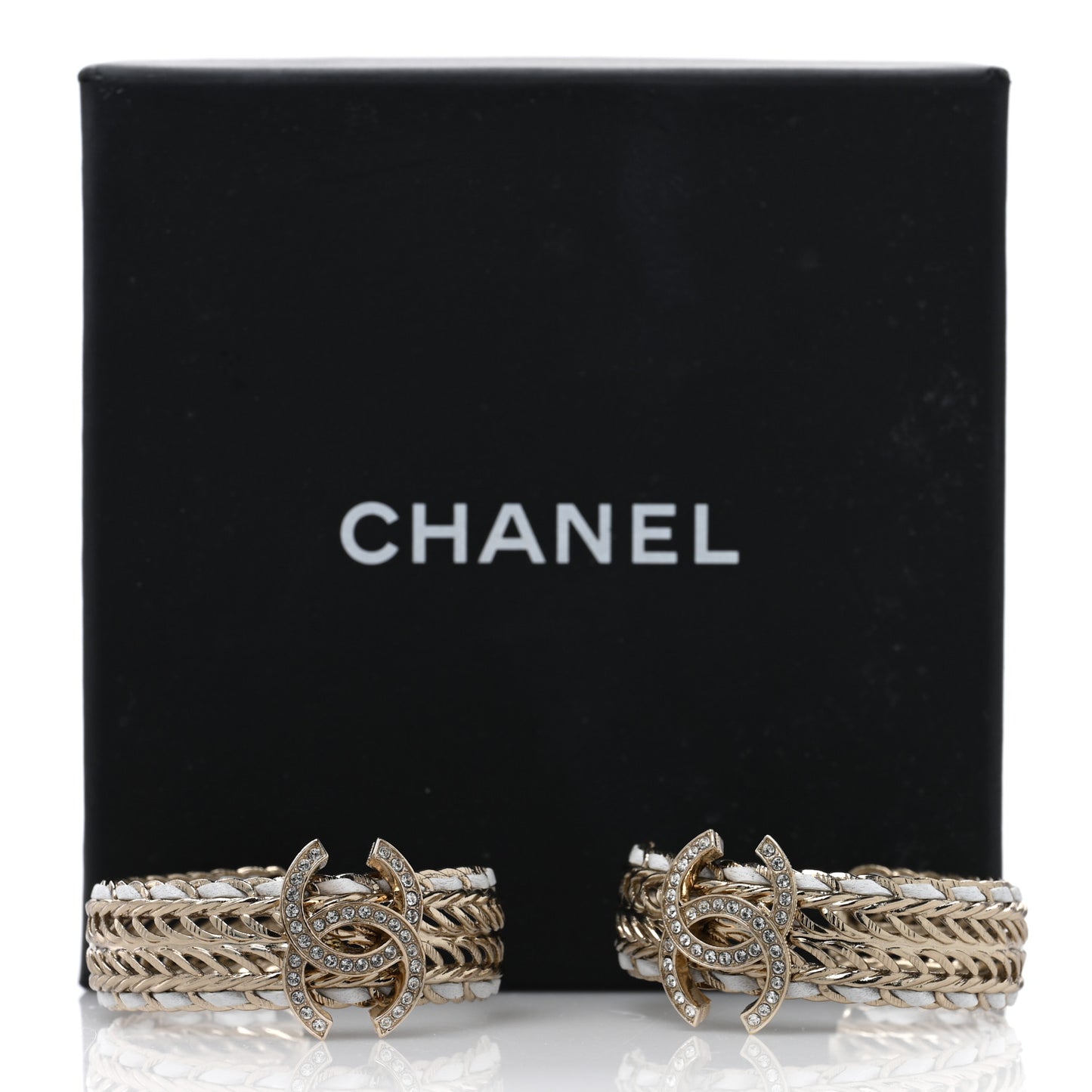 Crystal Lambskin CC Double Chain Hoop Earrings Gold White