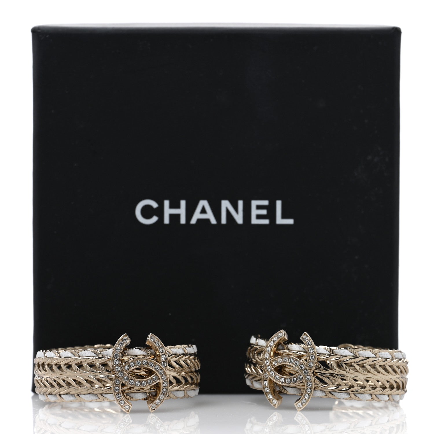 Chanel Crystal Lambskin CC Double Chain Hoop Earrings Gold White 5 of 5