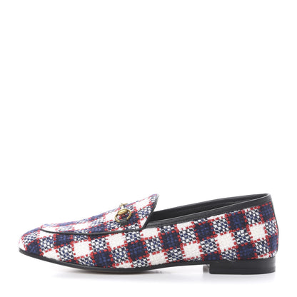 Gucci Vintage Tweed Check Horsebit Womens Jordaan Loafers 40.5 White Hibiscus Red Marine 1 of 14