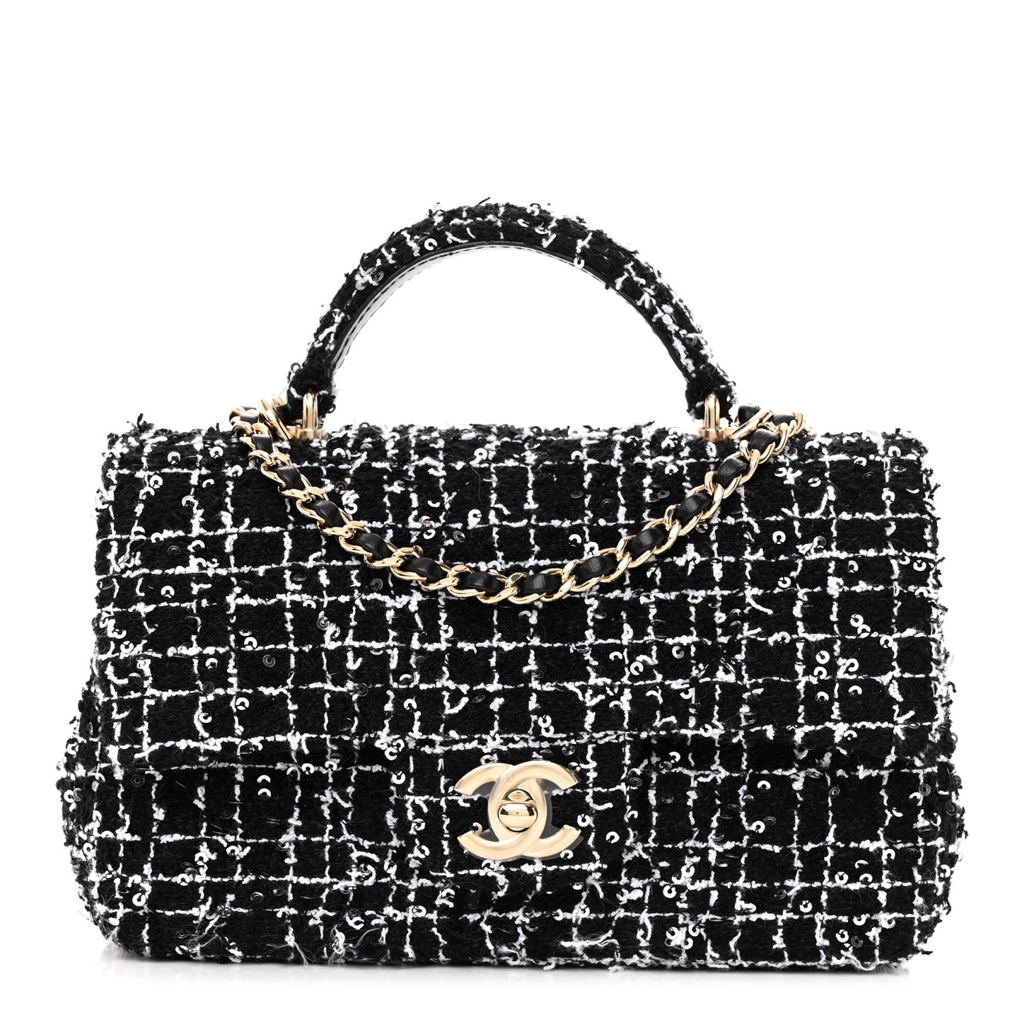 Tweed Quilted Mini Top Handle Rectangular Flap Black White
