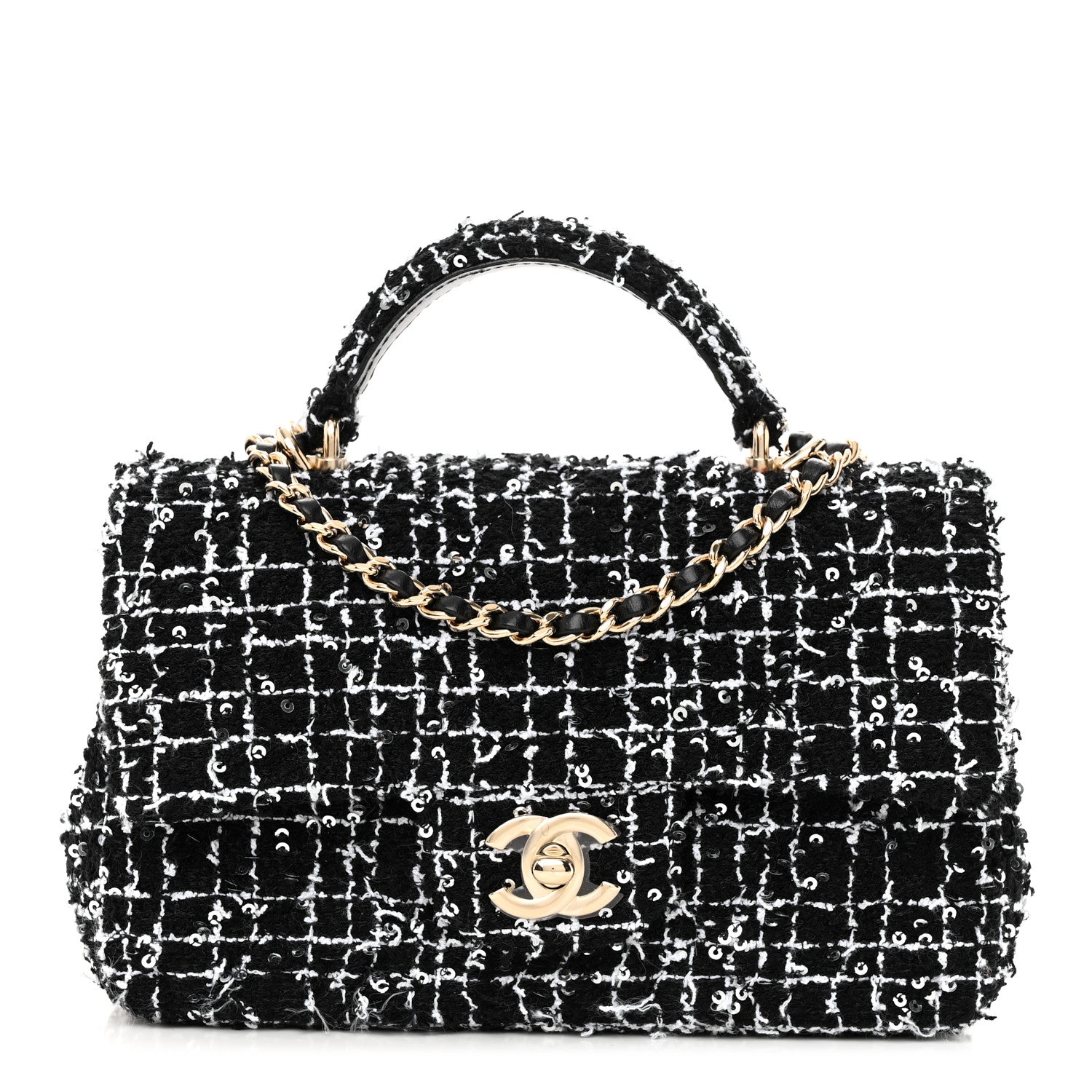 Chanel Tweed Quilted Mini Top Handle Rectangular Flap Black White 1 of 10