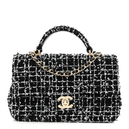 Chanel Tweed Quilted Mini Top Handle Rectangular Flap Black White 1 of 10
