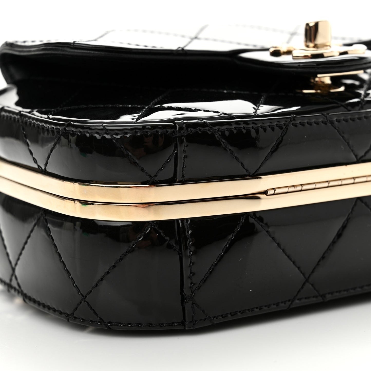 Patent Calfskin Quilted Mini Camera Case Black