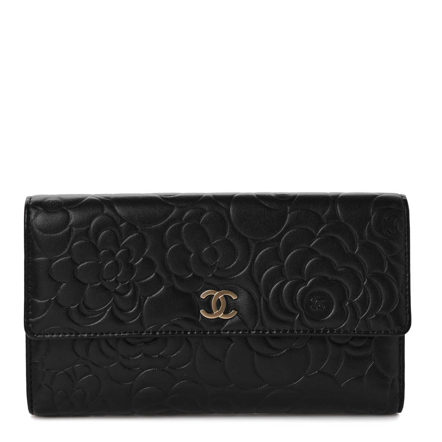Lambskin Embossed Camellia Large Gusset Flap Wallet Black