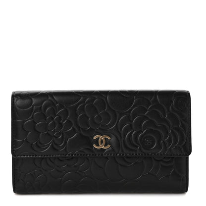 Chanel Lambskin Embossed Camellia Large Gusset Flap Wallet Black 1 of 7