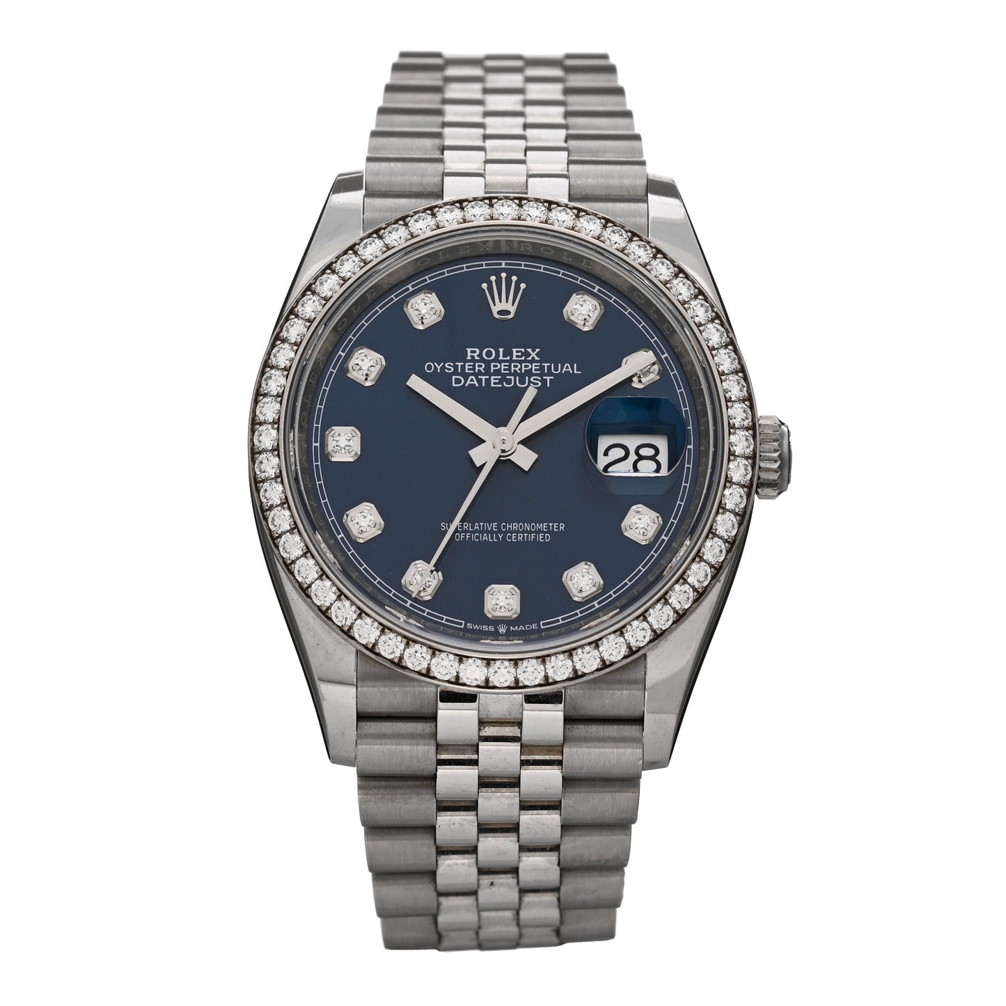 Stainless Steel 18K White Gold Diamond Bezel 36mm Oyster Perpetual Datejust Watch Blue 126284RBR
