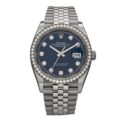 Rolex Stainless Steel 18K White Gold Diamond Bezel 36mm Oyster Perpetual Datejust Watch Blue 126284RBR 1 of 5