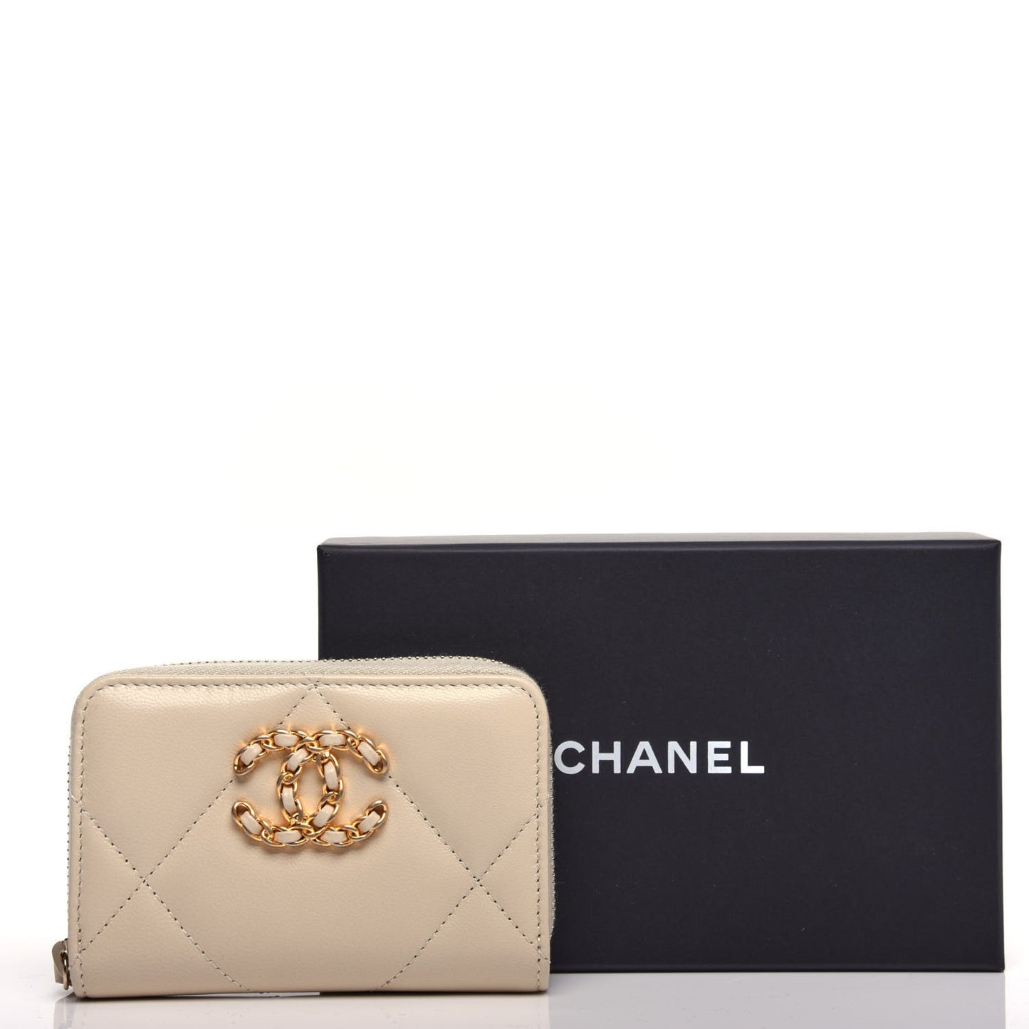 Lambskin Quilted 19 Zip Around Coin Purse Wallet Beige