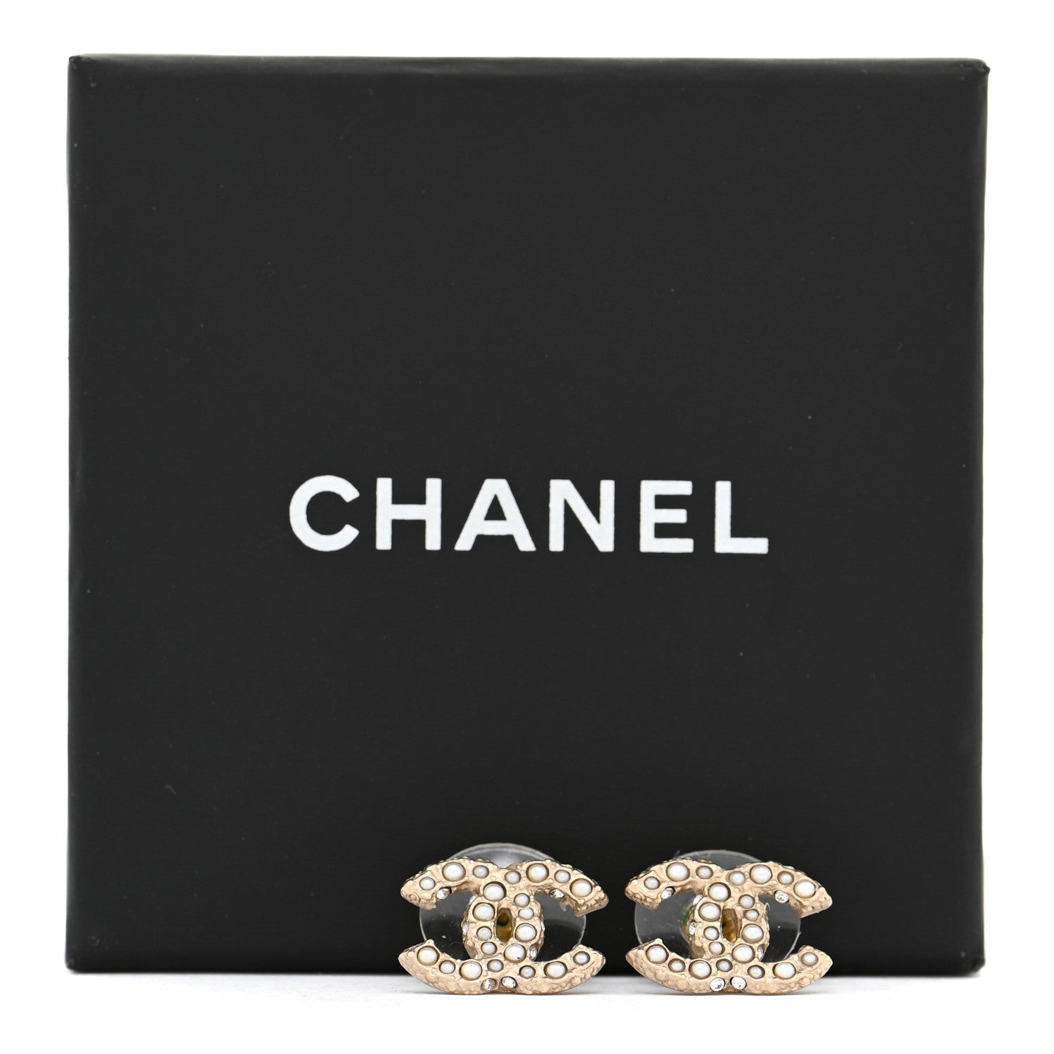 Chanel Pearl Crystal CC Stud Earrings Gold 5 of 5