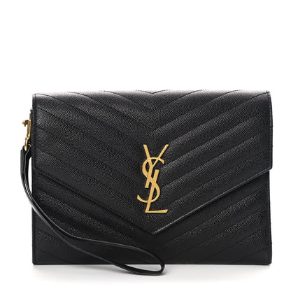 Saint Laurent Grain De Poudre Matelasse Chevron Monogram Envelope Clutch Black 1 of 7