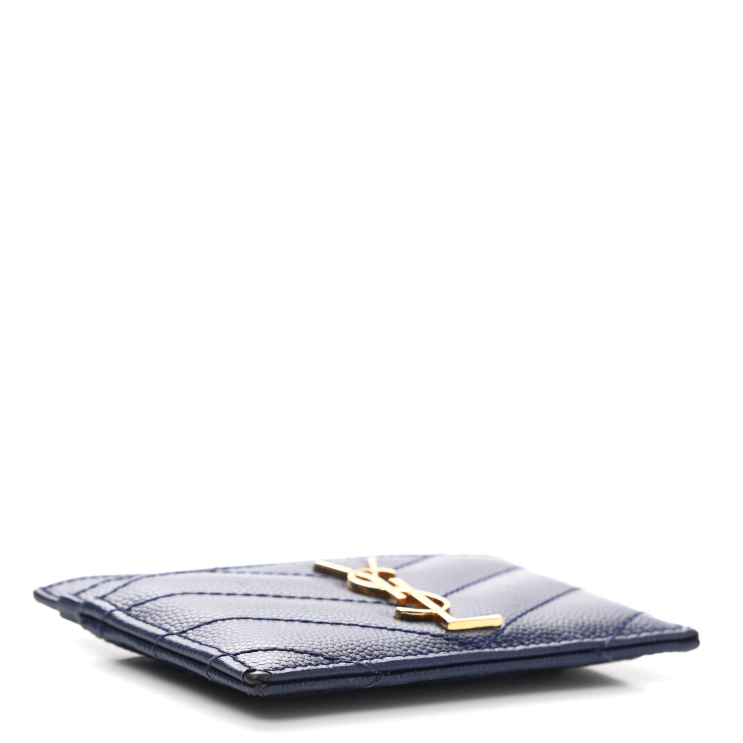 Saint Laurent Grain De Poudre Matelasse Chevron Monogram Credit Card Case Navy 4 of 10