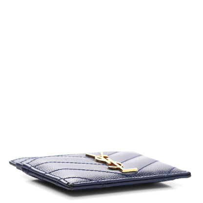 Saint Laurent Grain De Poudre Matelasse Chevron Monogram Credit Card Case Navy 4 of 10