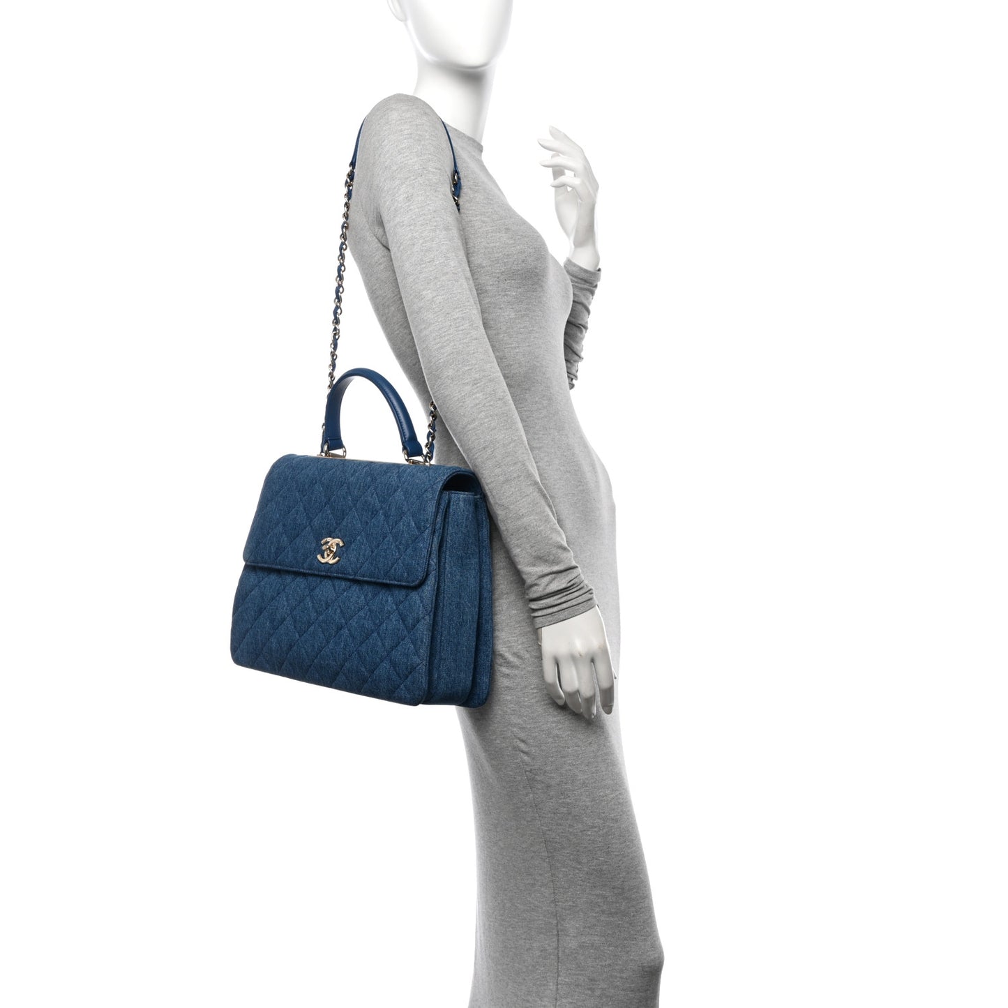 Denim Quilted Large Trendy CC Flap Dual Handle Bag Blue