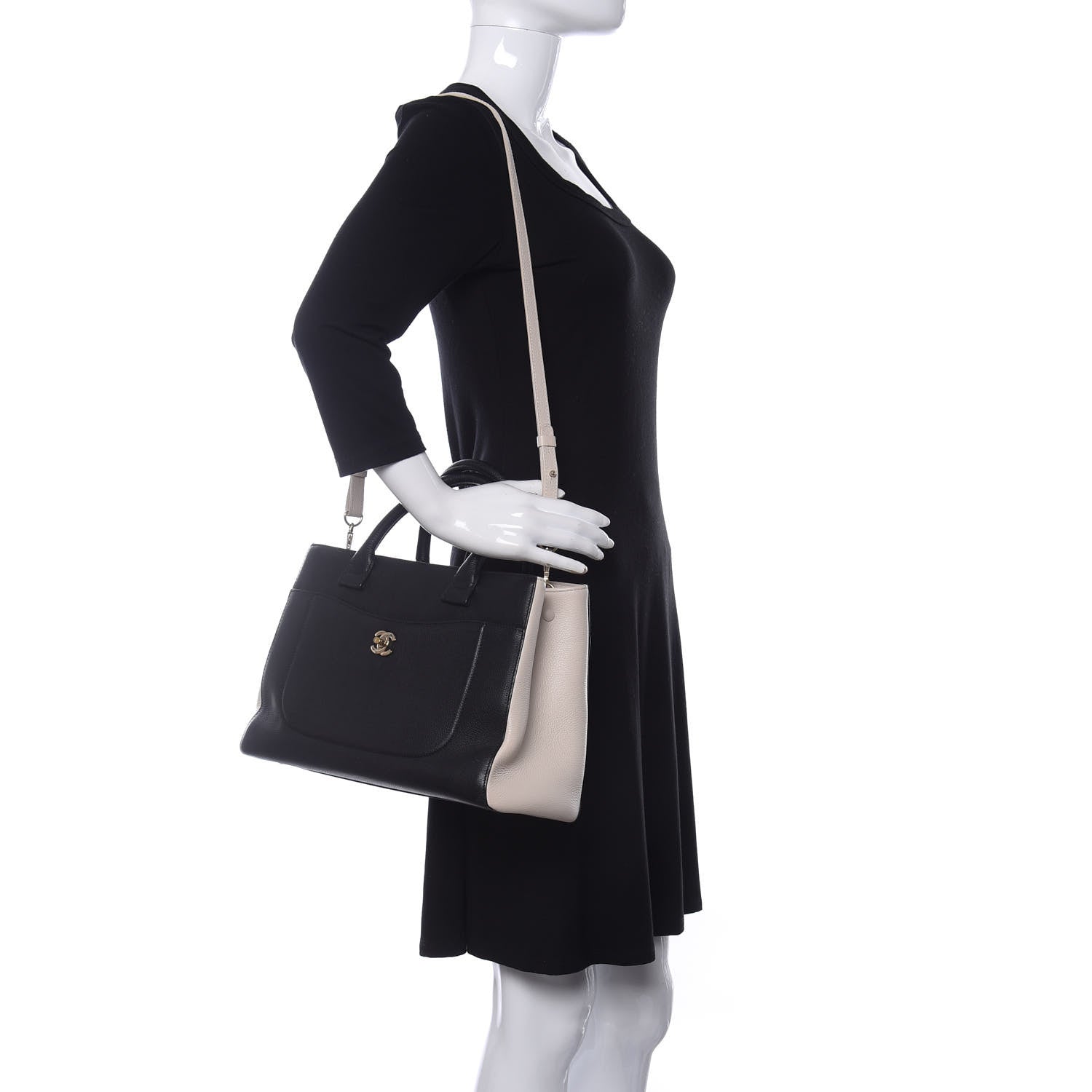 Chanel Grained Calfskin Small Bi-Color Neo Executive Shopper Tote Black Beige 2 of 10