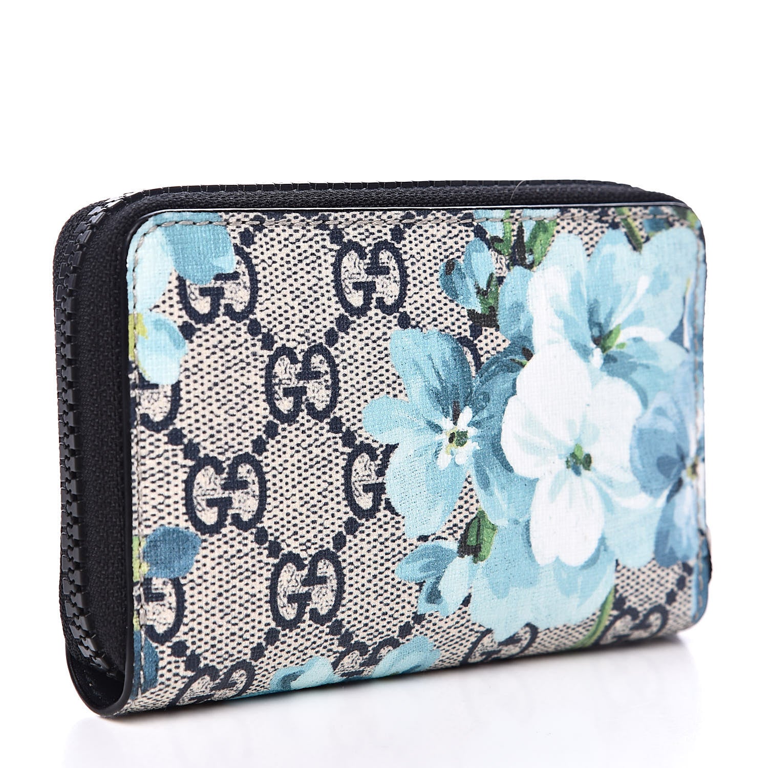 Gucci GG Supreme Monogram Blooms Zip Around Card Case Wallet Beige Blue Navy 3 of 7
