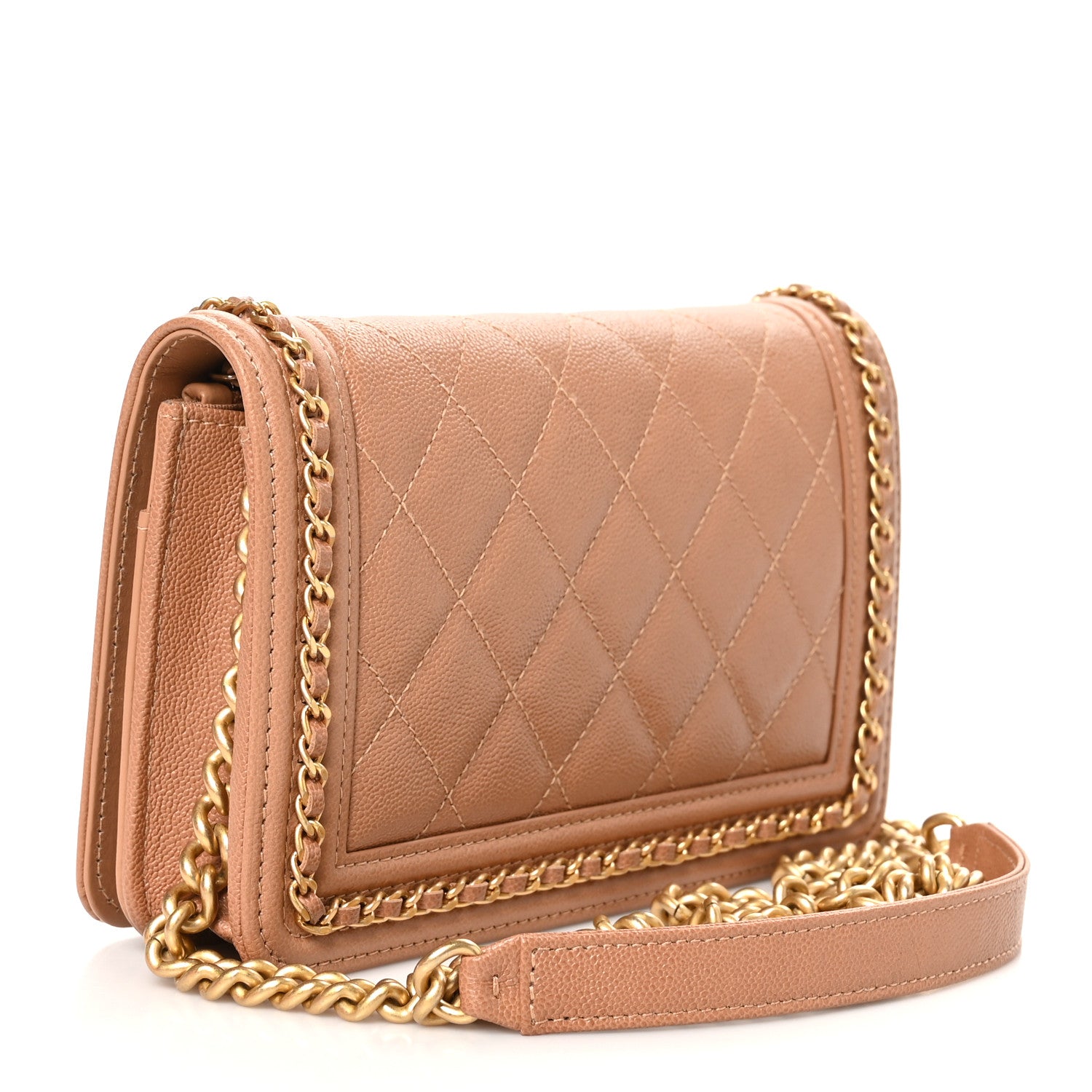 Chanel Caviar Quilted Chain Around Boy Wallet On Chain WOC Dark Beige 3 of 12