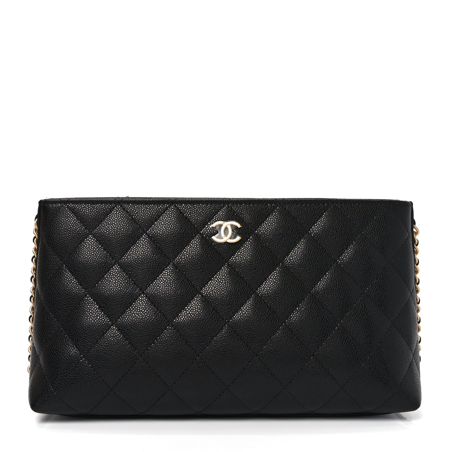 Shiny Caviar Quilted Chain Pouch Black
