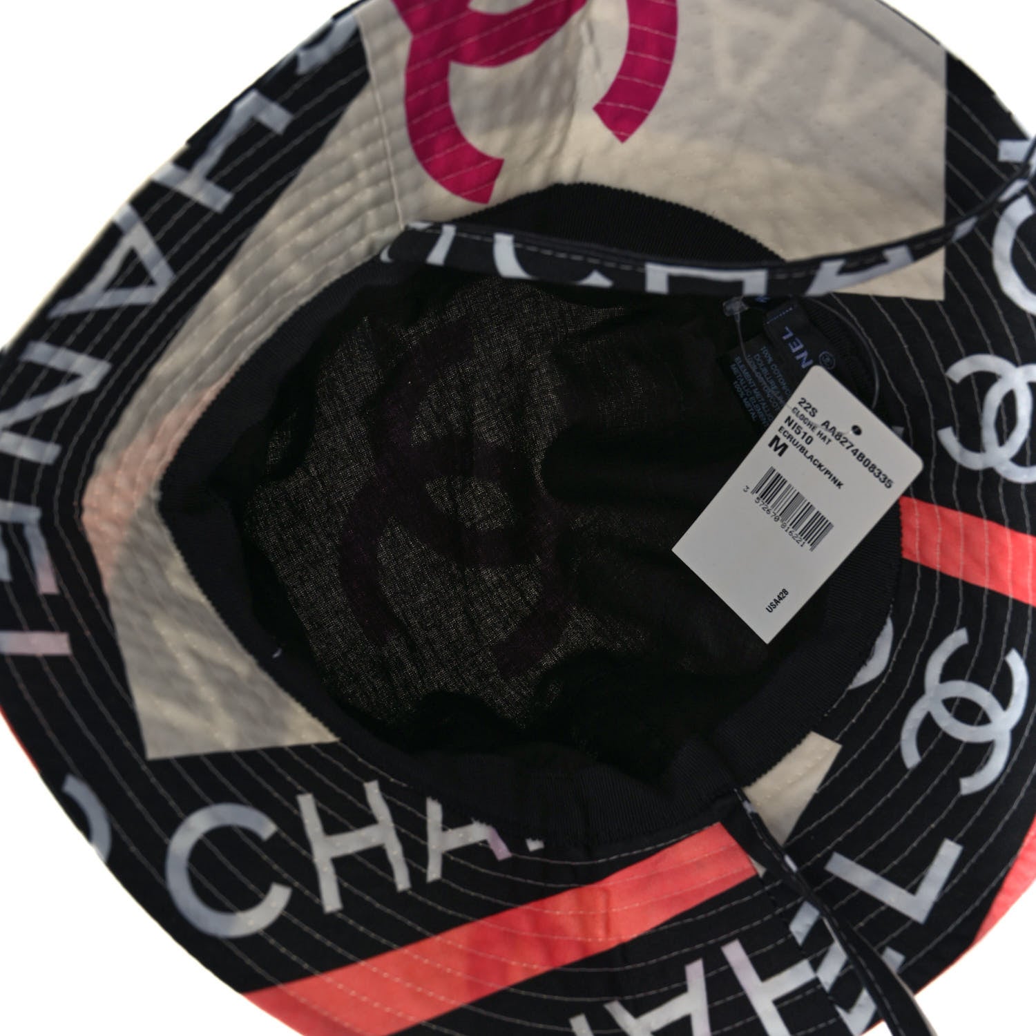 Chanel Cotton Logo Cloche Hat M Ecru Black Pink 5 of 6