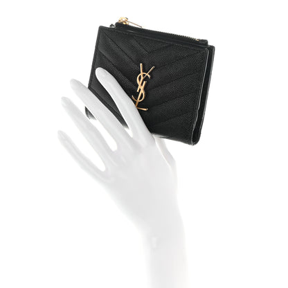 Saint Laurent Grain De Poudre Matelasse Chevron Monogram Zipped Card Case Black 2 of 11