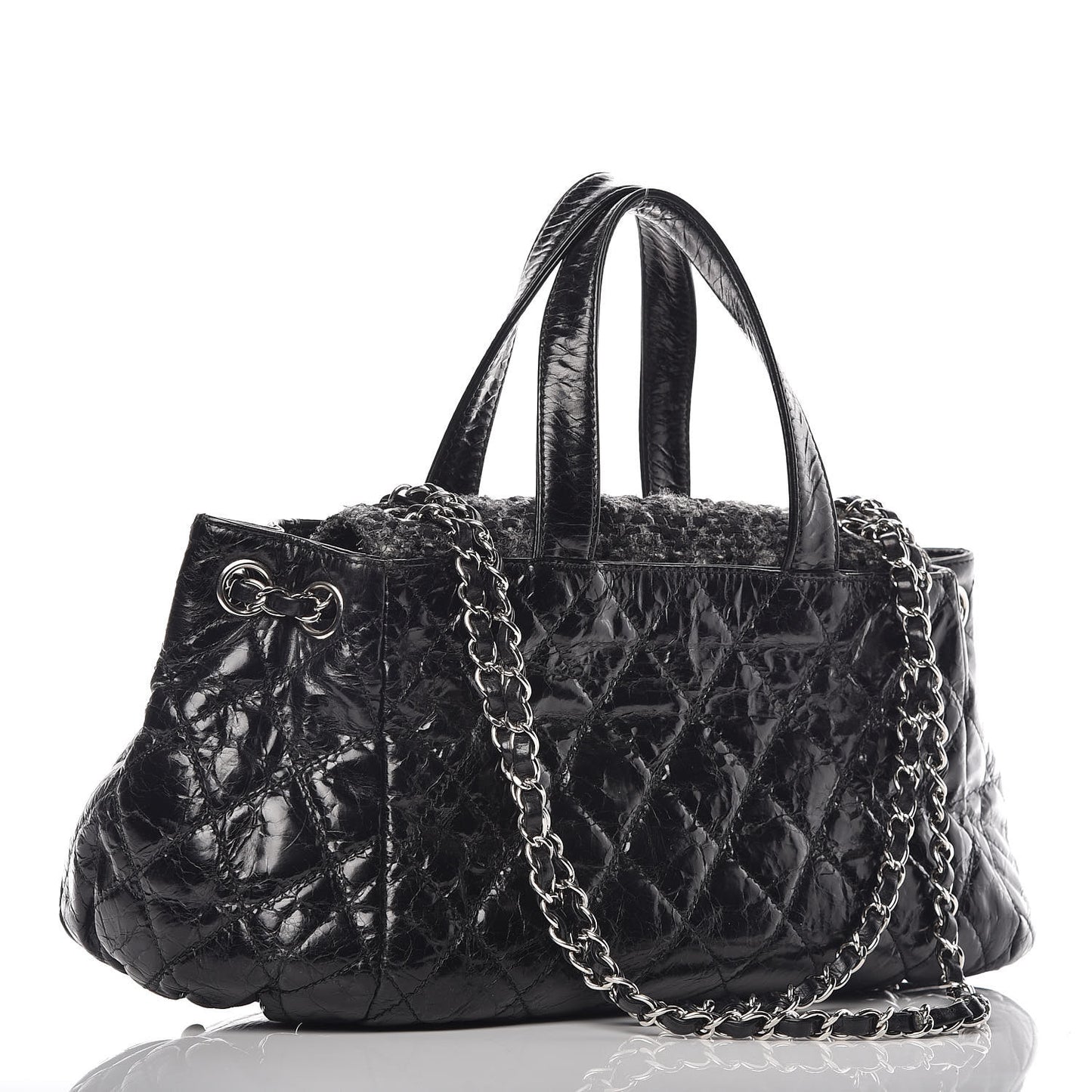 Glazed Calfskin Quilted Tweed Small Portobello Tote Black
