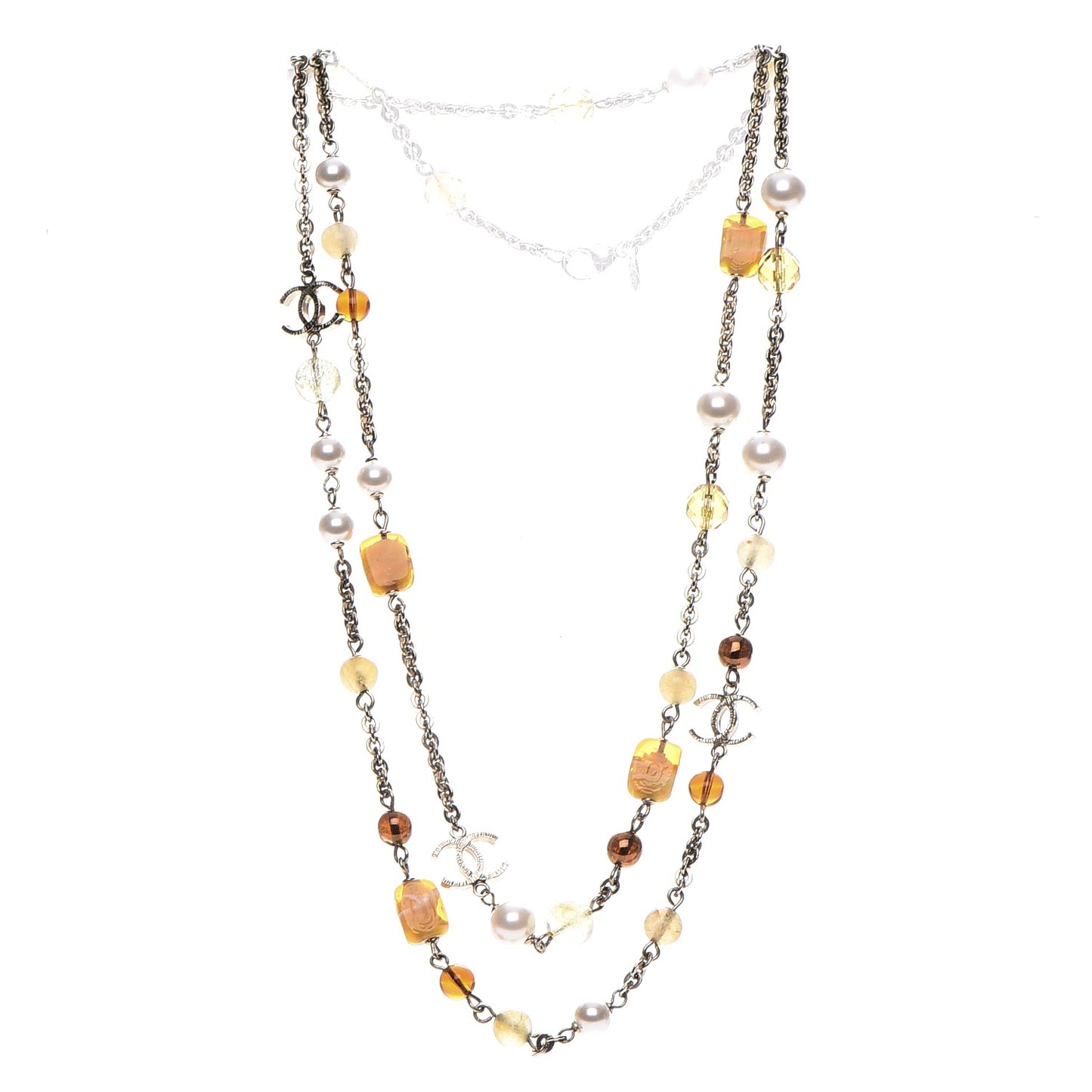 Pearl Beaded CC Long Necklace Brown Gold