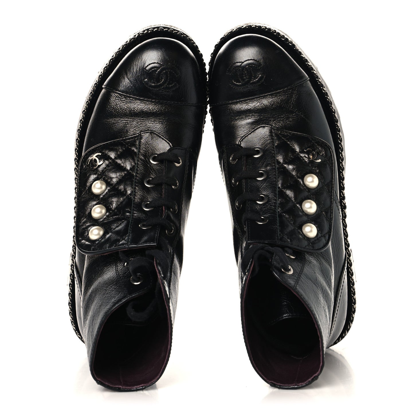 Crackled Calfskin Velvet Pearl Combat Short Boots 37.5 Black
