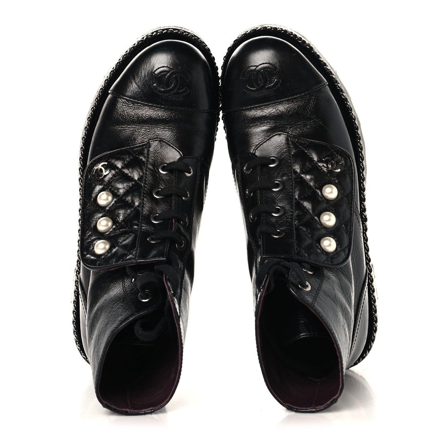 Chanel Crackled Calfskin Velvet Pearl Combat Short Boots 37.5 Black 2 of 9