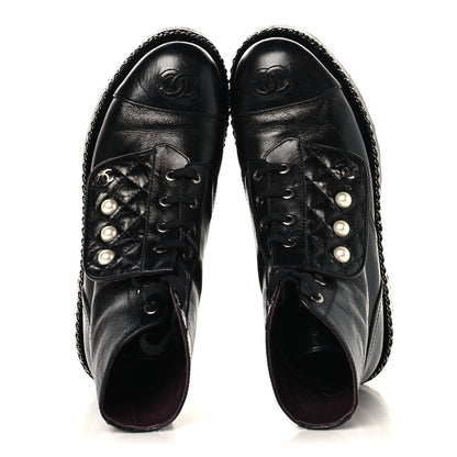 Chanel Crackled Calfskin Velvet Pearl Combat Short Boots 37.5 Black 2 of 9