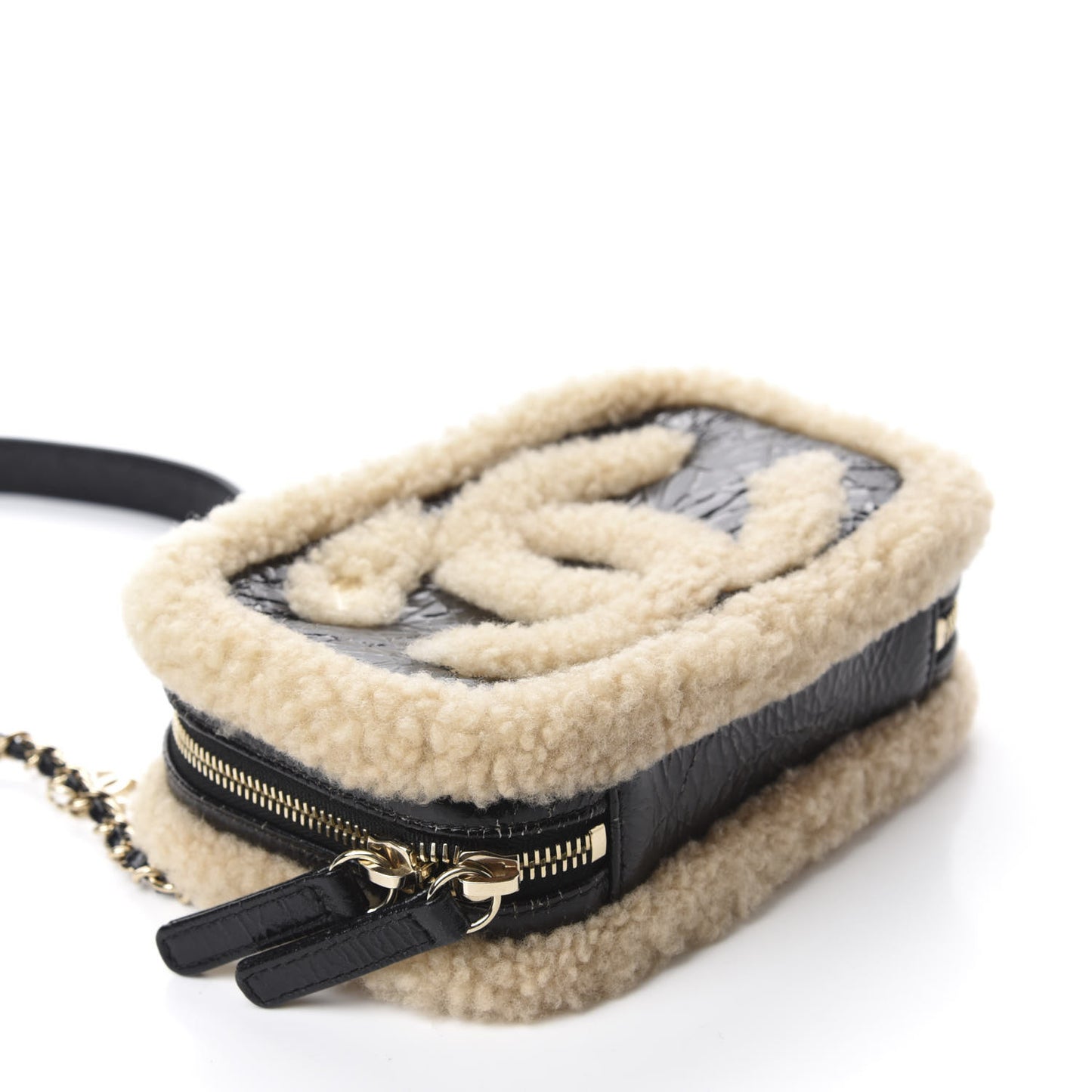 Shiny Crumpled Sheepskin Shearling Waist Bag Black Beige