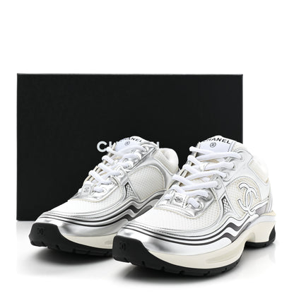 Chanel Fabric Laminated Calfskin Stretch CC Womens Sneakers 38.5 White Silver 9 of 9