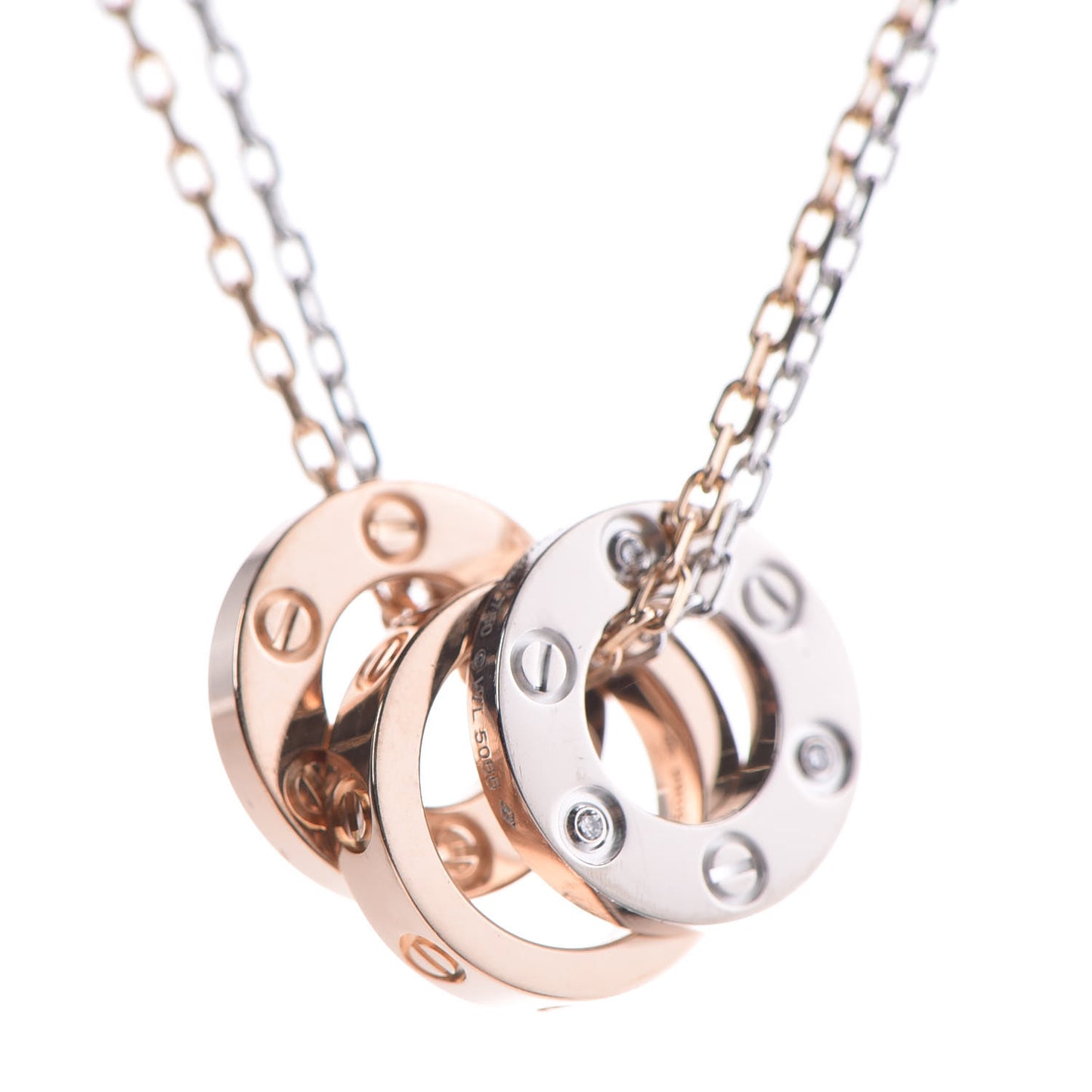 18K White Pink Gold Diamond Three Ring LOVE Pendant Necklace