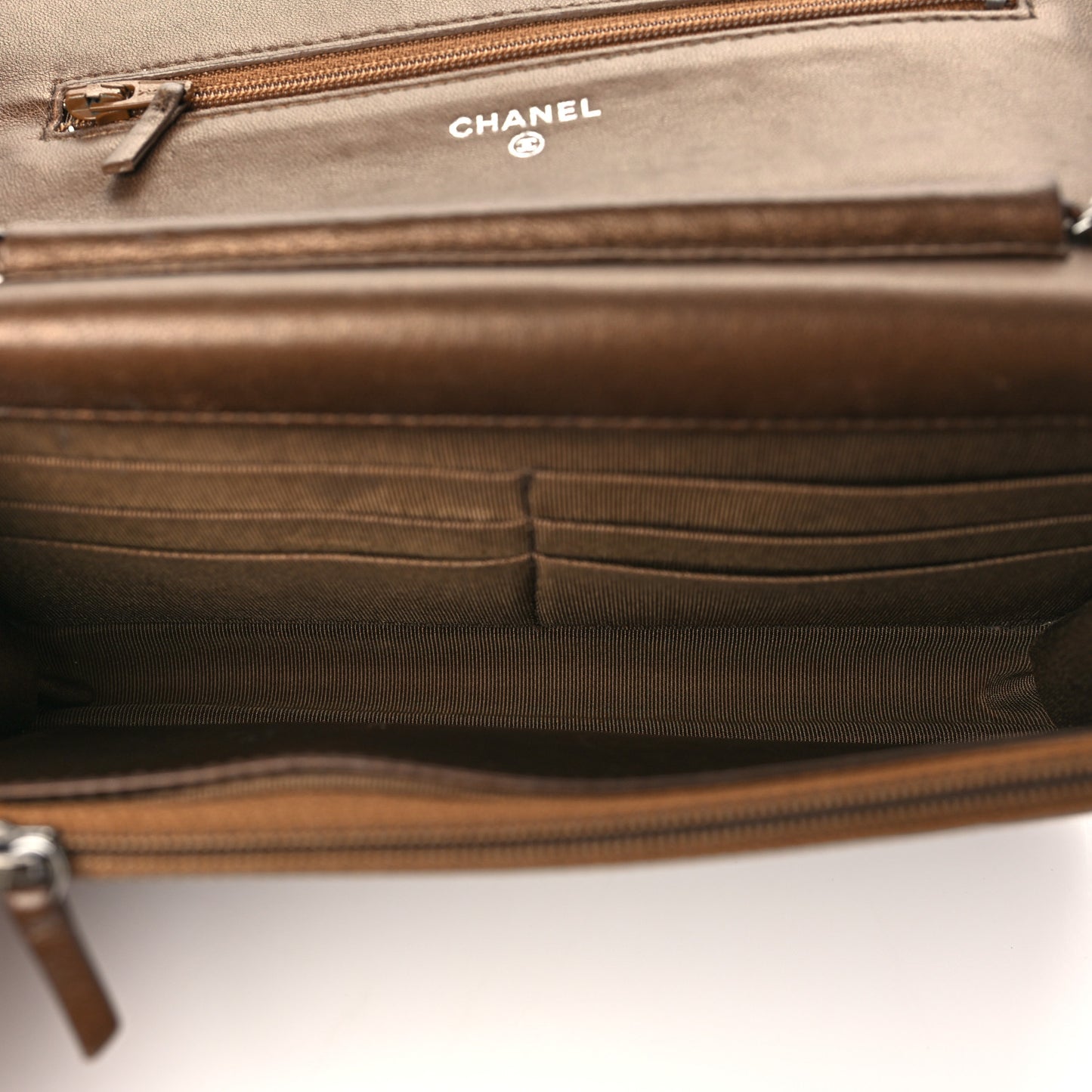 Metallic Lambskin Quilted Wallet On Chain WOC Bronze