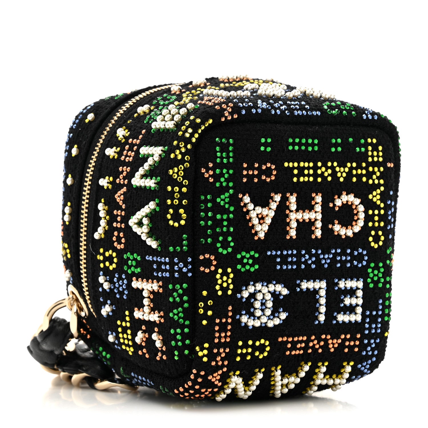 Chanel Tweed Pearl Studded Vanity Wrist Case With Chain Black Multicolor 4 of 11