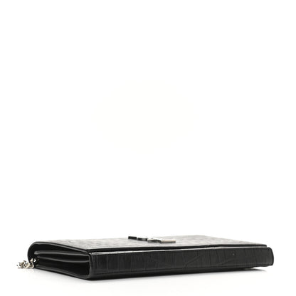 Saint Laurent Calfskin Crocodile Embossed Monogram Chain Wallet Black 3 of 9