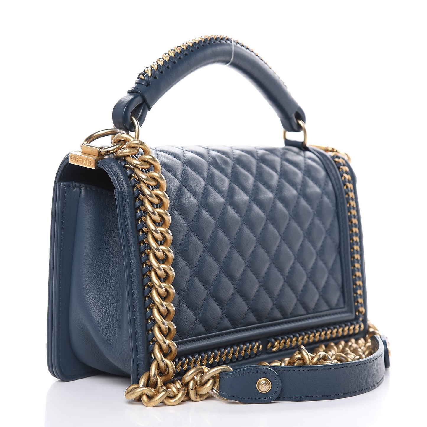 Calfskin Quilted Medium Top Handle Boy Flap Blue