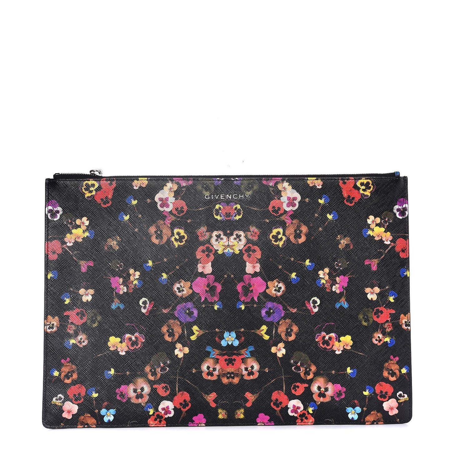 Coated Canvas Pansy Print Large Zip Pouch Black