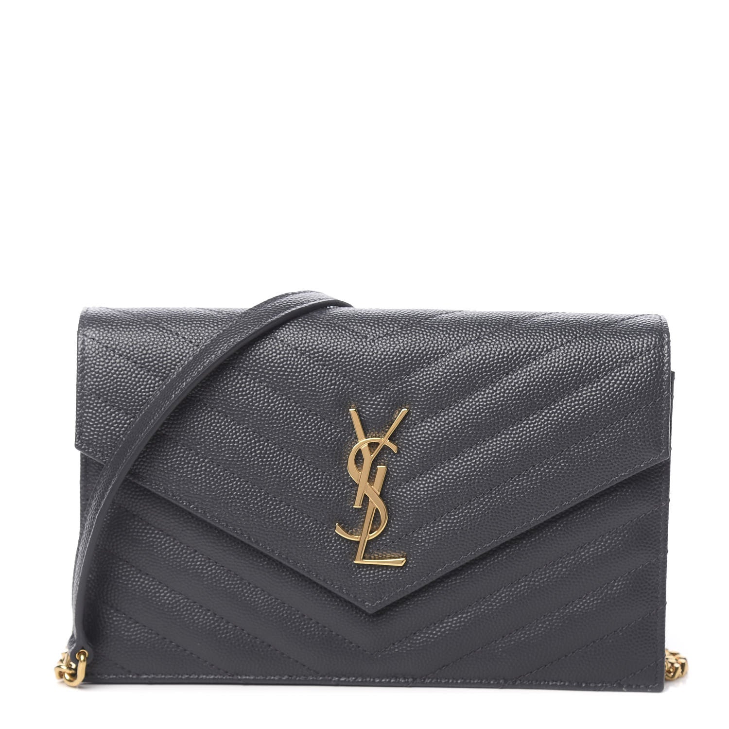 Saint Laurent Grain De Poudre Matelasse Chevron Monogram Envelope Chain Wallet Dark Smog 1 of 12