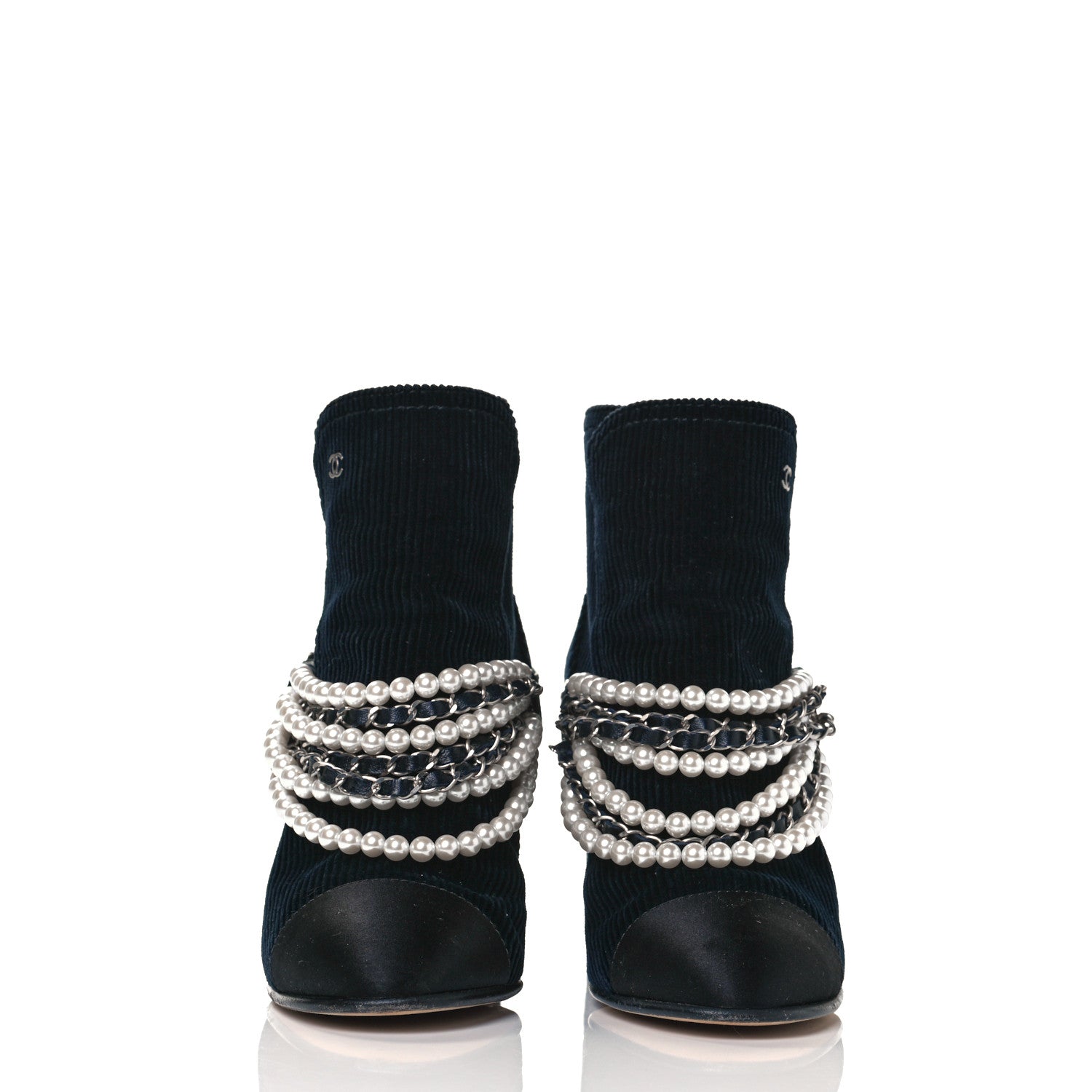 Chanel Velvet Satin Cap Cap Toe Short Boots 37 Navy Black 2 of 7